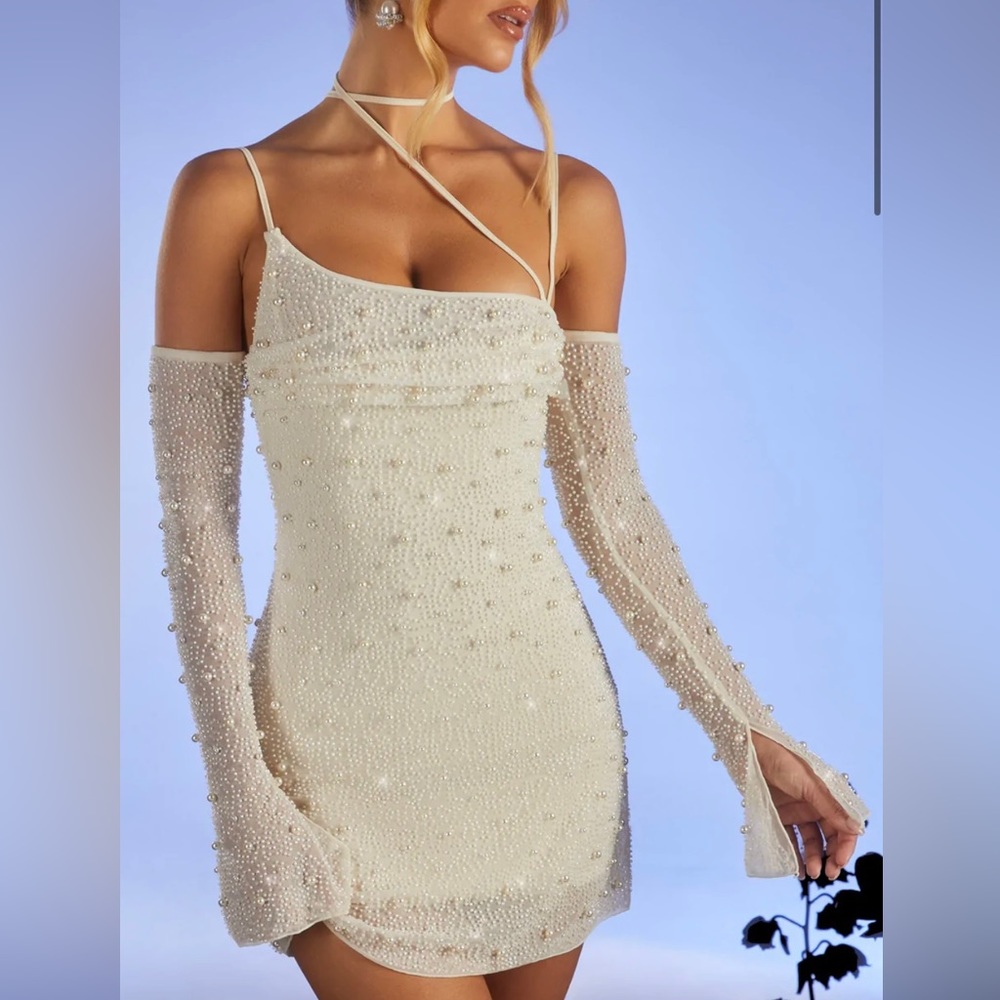 Embellished asymmetric corset mini dress in ivory